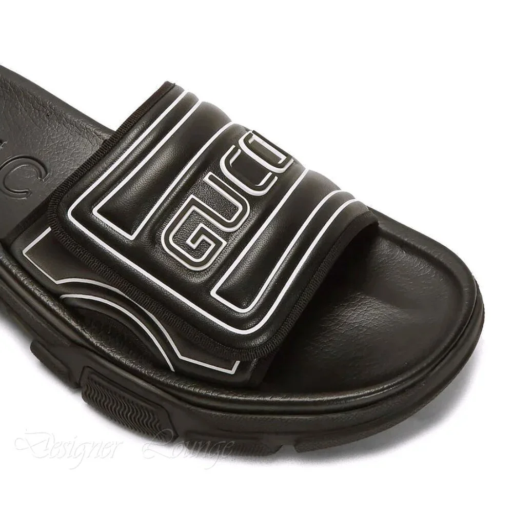 NEW GUCCI Aguru Black Leather & Rubber Logo Sandals Slides G 11 / US 11.5
